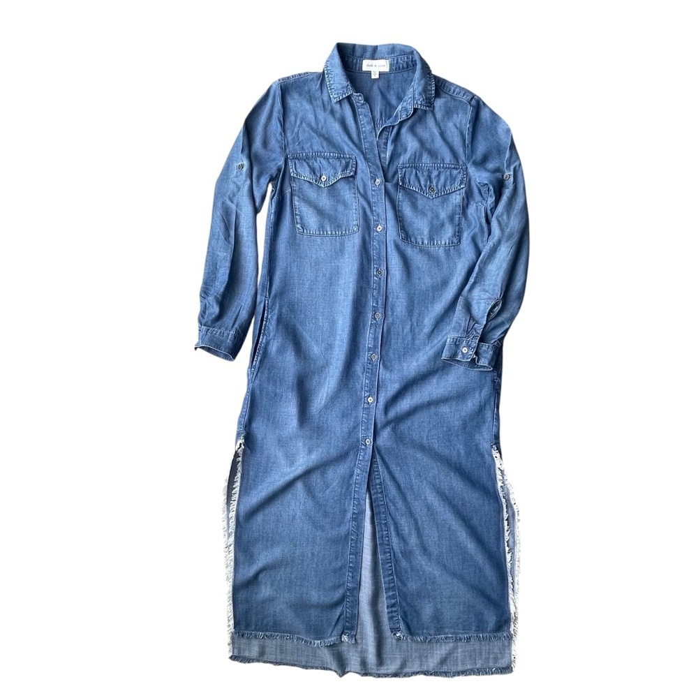 Cloth & Stone Anthropologie Chambray Denim Maxi Shirt Dress Raw Hem Size S Blue - Picture 3 of 8